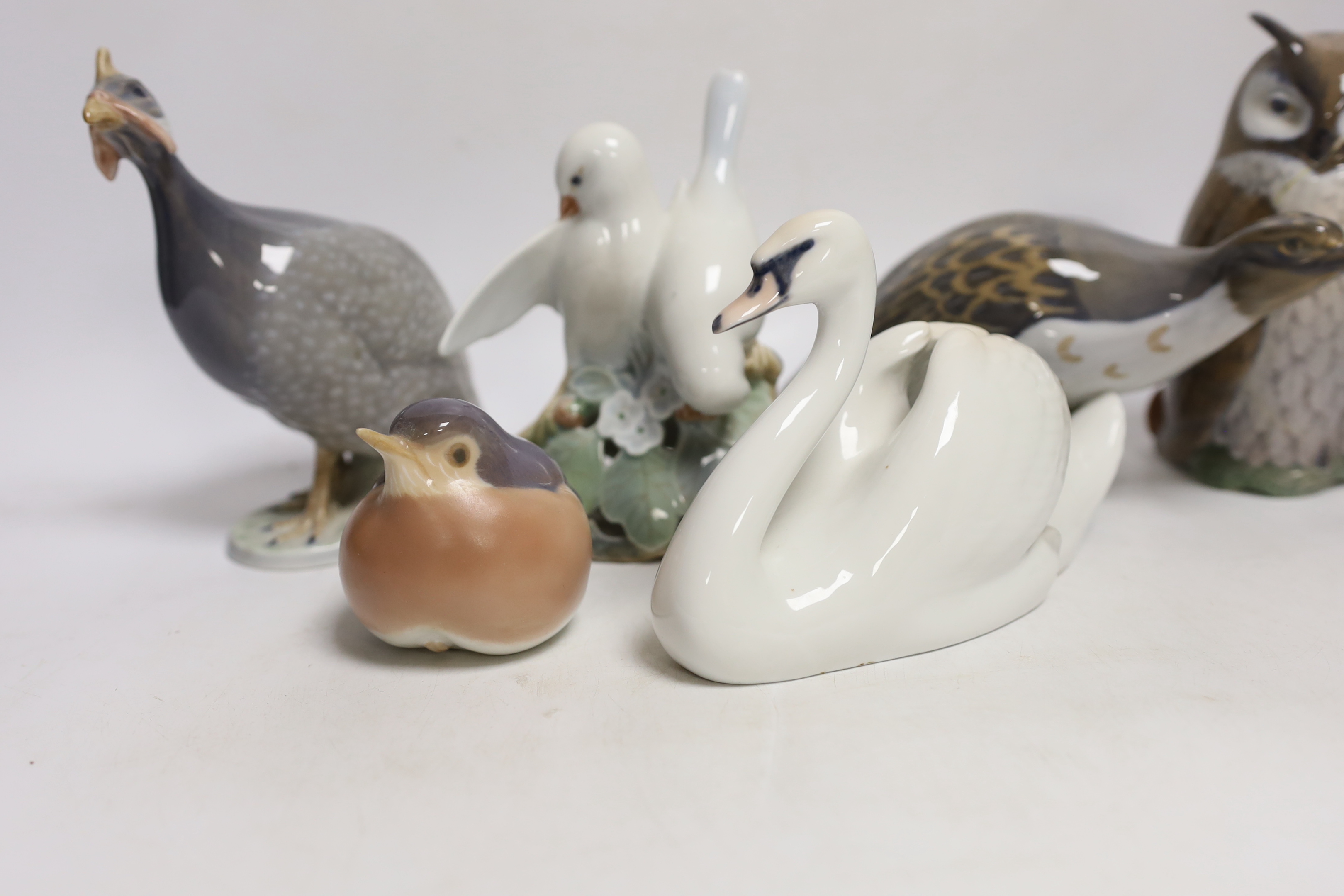 A six Royal Copenhagen birds including a swan and an owl, largest 17cm wide
